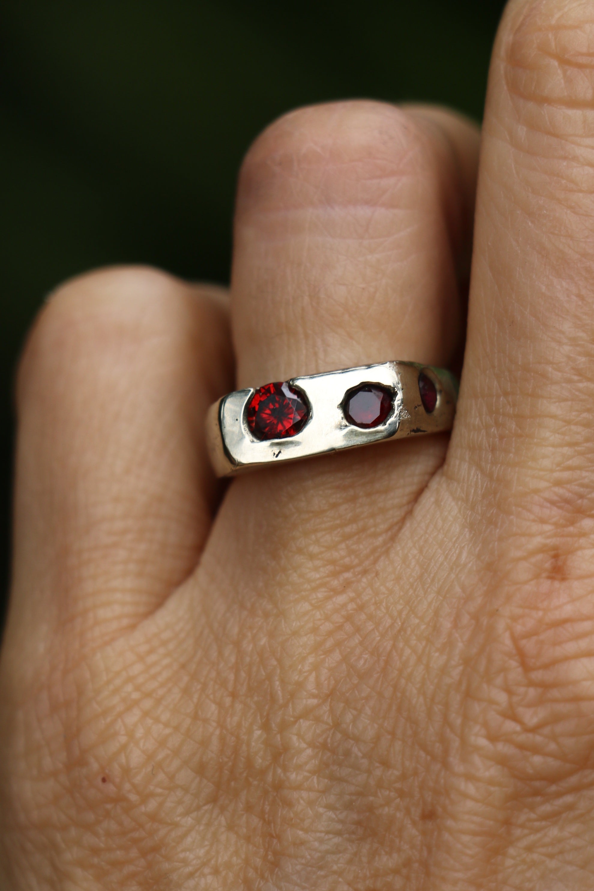 Bronze sandcast Signet Ring with garnet zircon Size 6