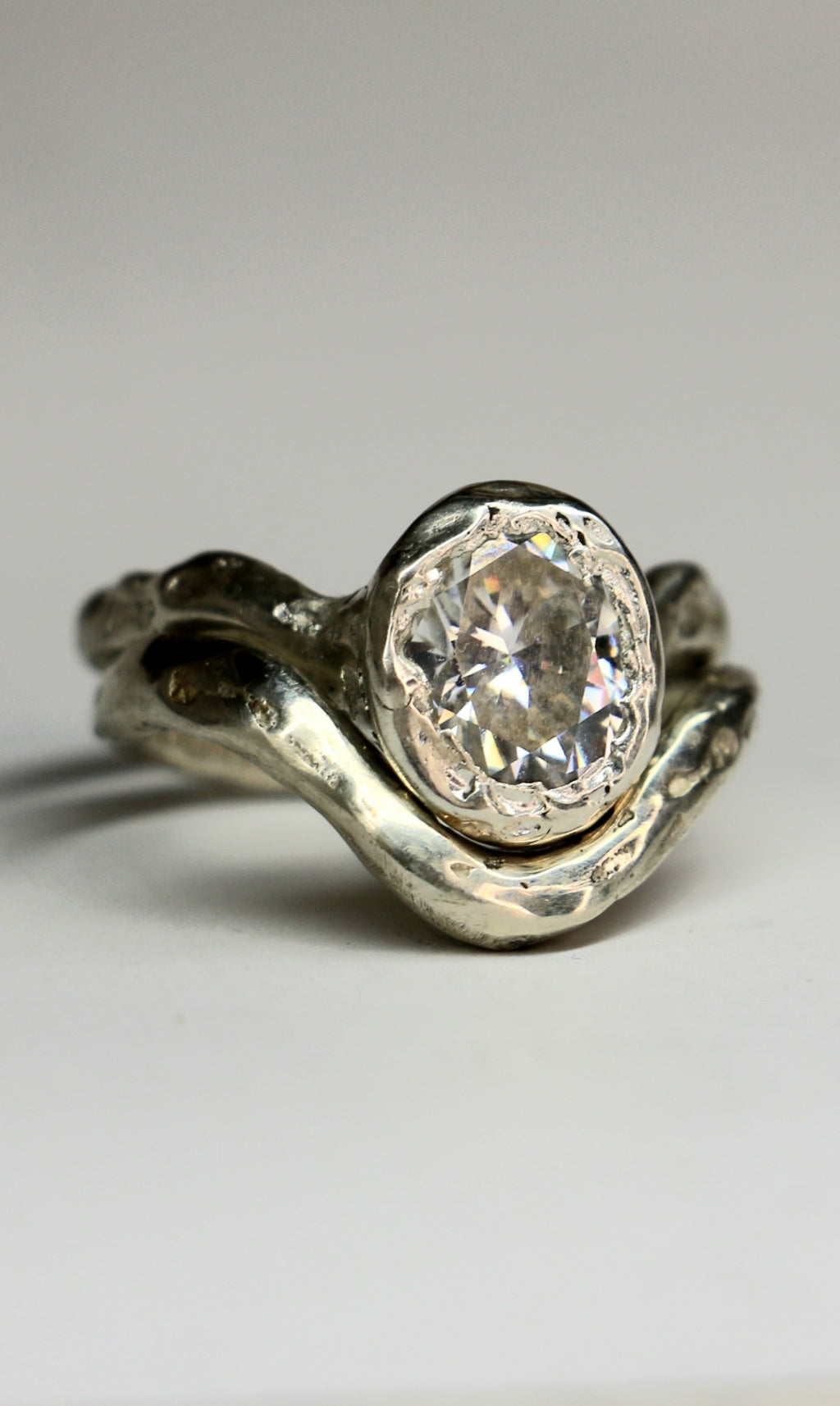 Ember silver organic ring with oval Moissanite size 6