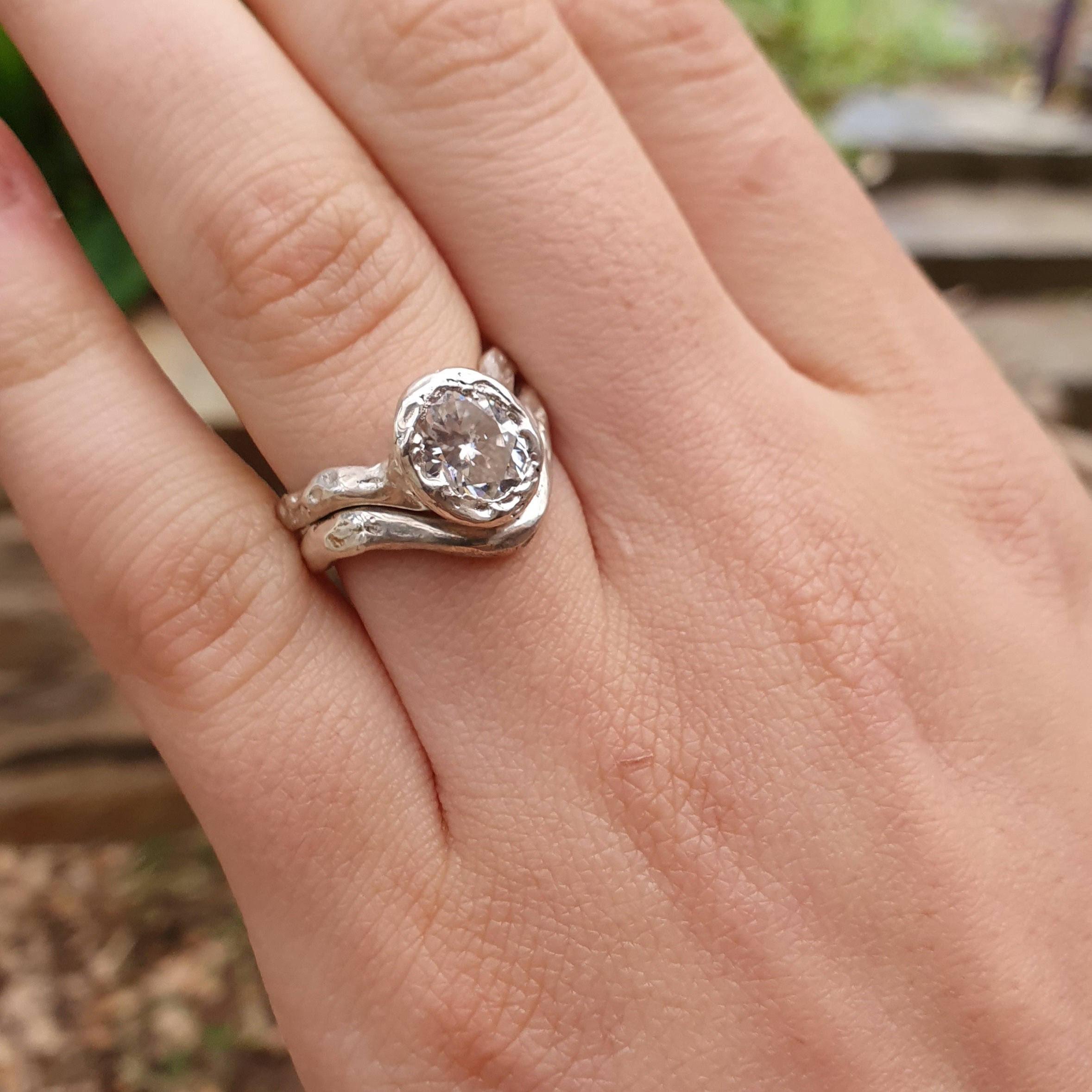 'U' silver Stacking ring organic textured finish