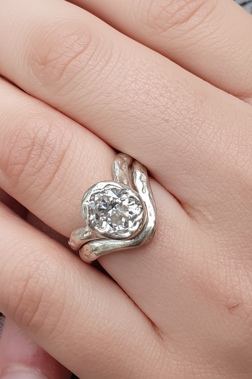 Ember silver organic ring .8ct Moissanite